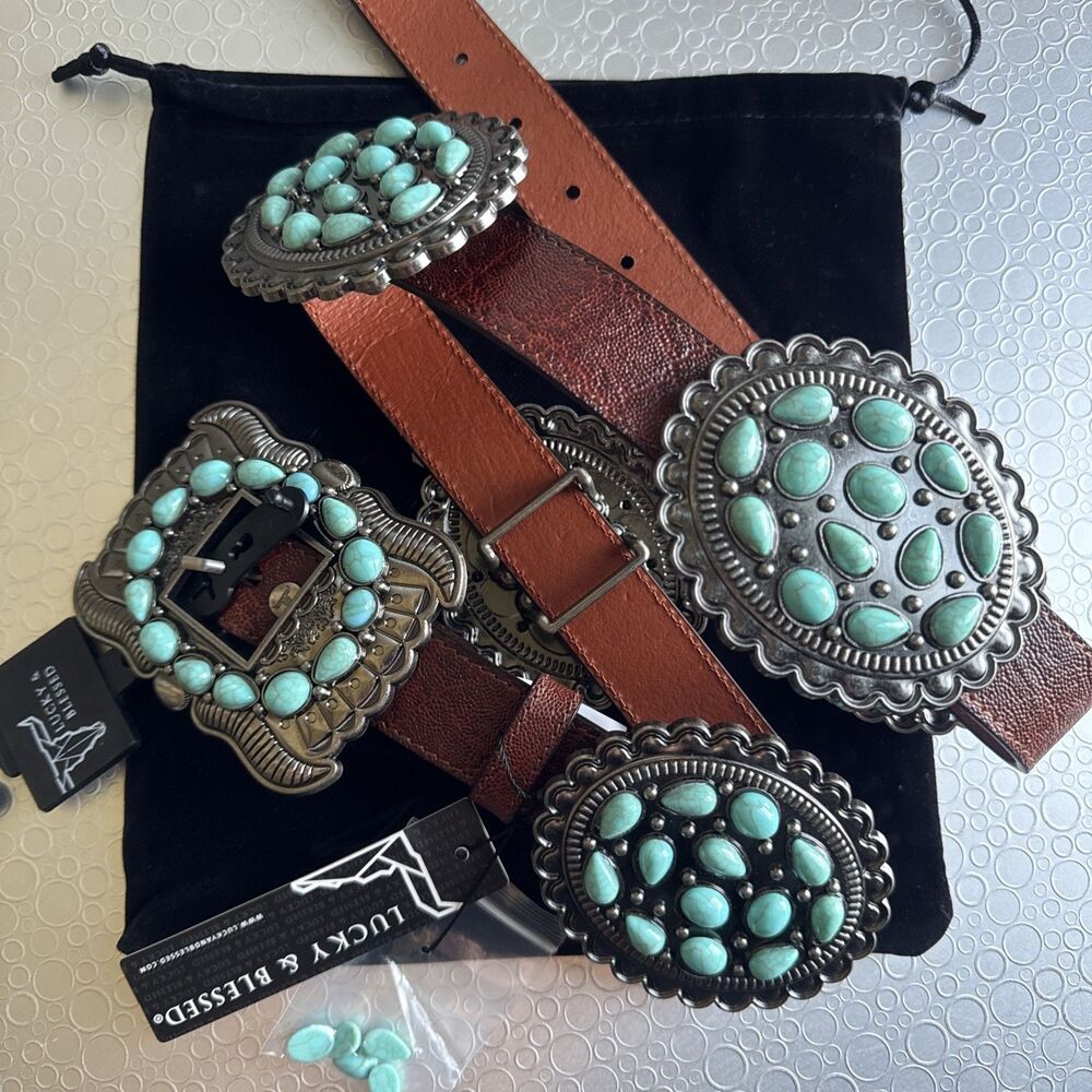 Lucky & Blessed Turquoise Concho Leather Belt - Size S Runs Bigger Dust Bag